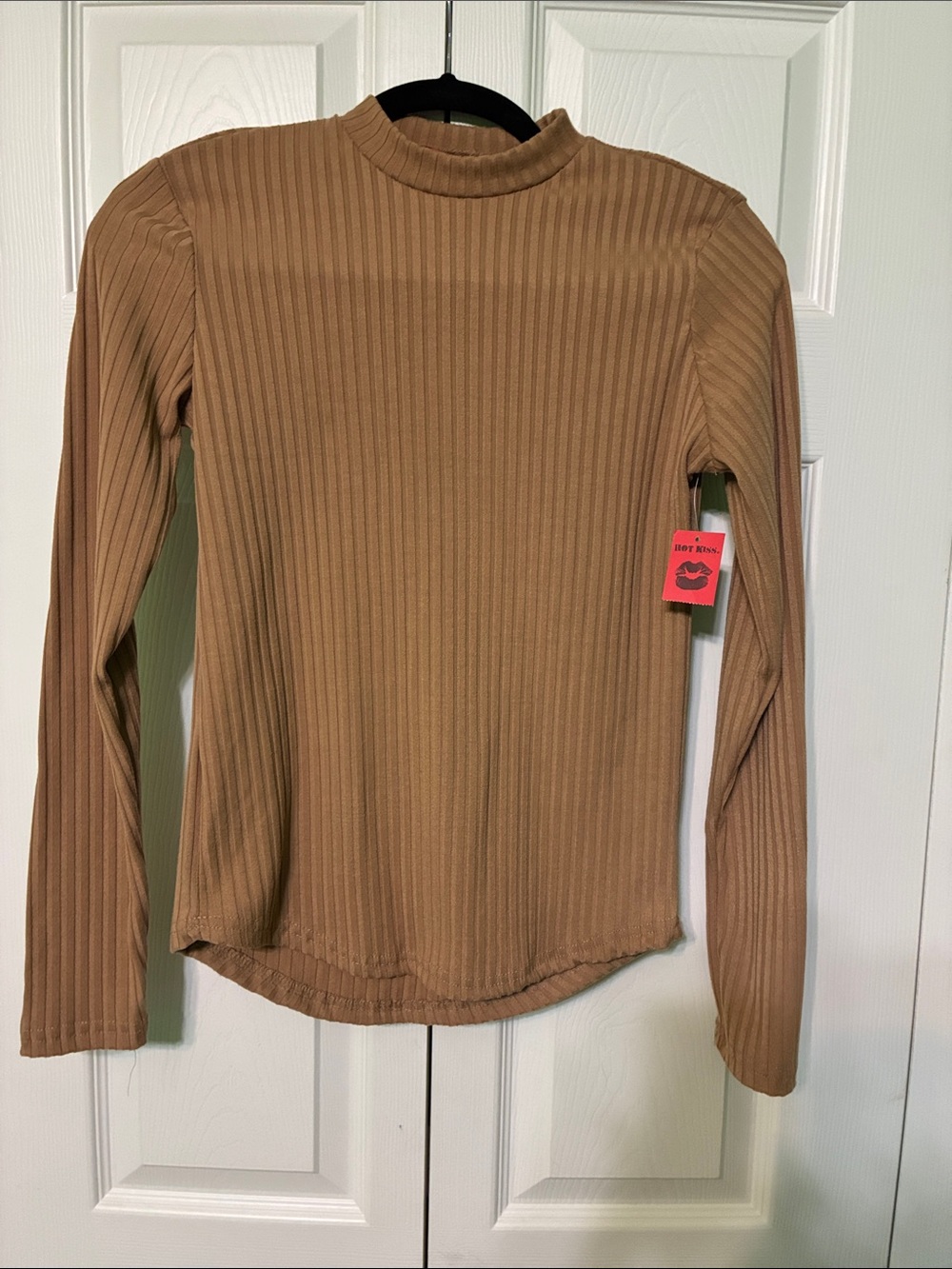 Hot Kiss Ribbed Mock Neck Long Sleeve Top - Camel Brown